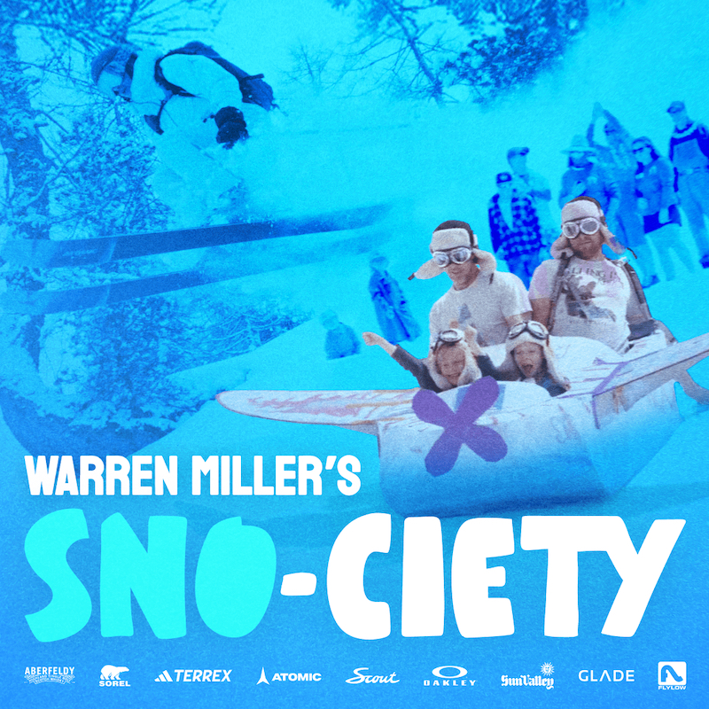 Logo for Warren Miller's new film Son-ciety showing a blue graphic overlaid with skiers and a group sliding down a snow slope in a cardboard box.