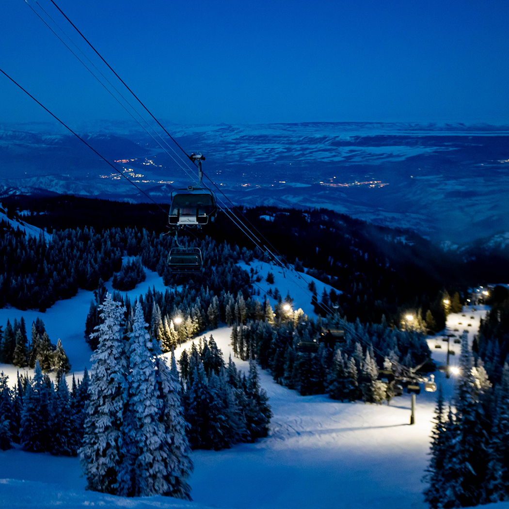 Wenatchee Express Chairlift with night lights and valley view below