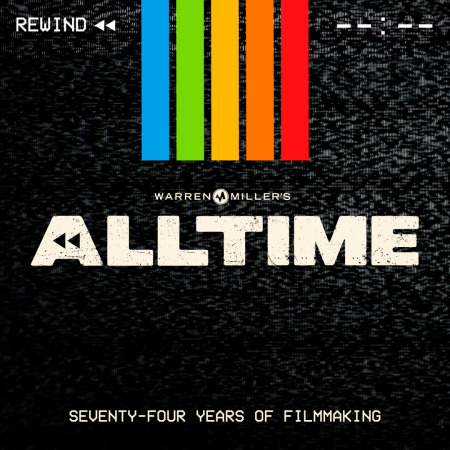 Warren Miller's ALL TIME film cover white text on black background with rainbow stripes