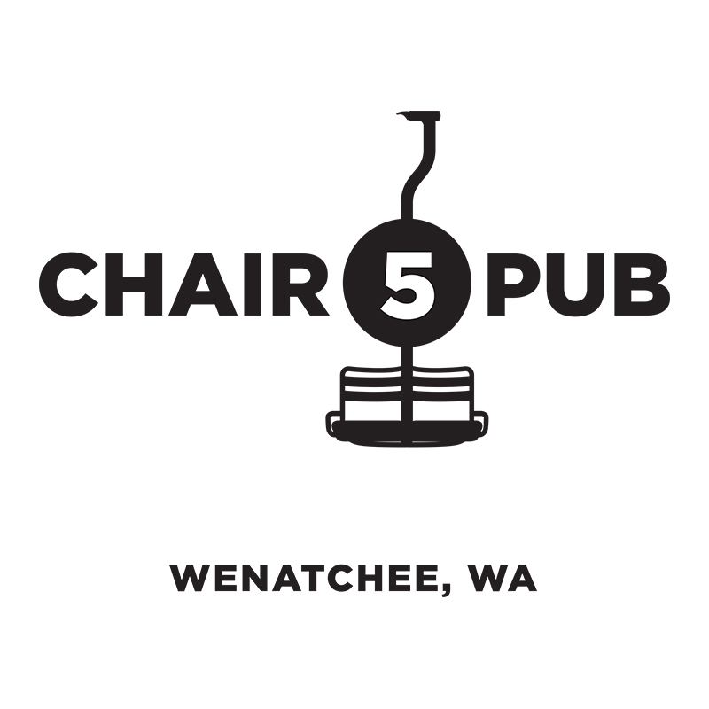 Chair 5 Pub graphic with number "5" in black circle on top of center post double chair with text "Wenatchee, WA" below