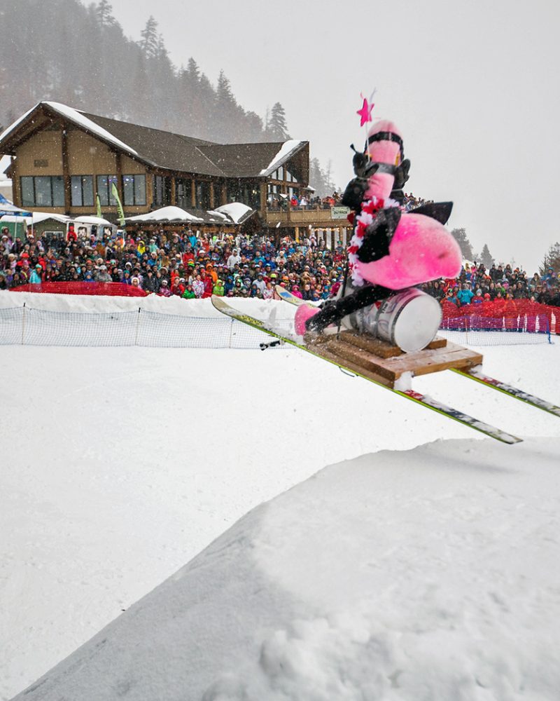 Dummy Downhill entry going off of jump in front of large crowd