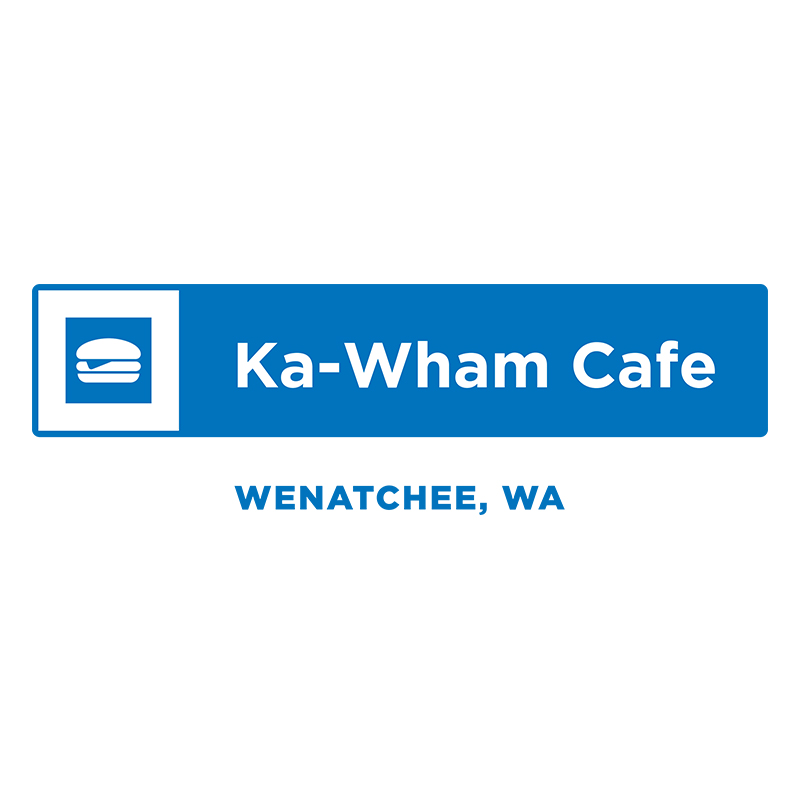 Graphic of ski run style sign in blue with text "Ka-Wham Cafe" inside and text "Wenatchee, WA" under
