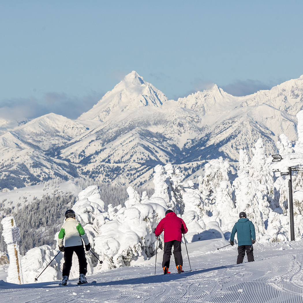 View of skiers from behind with snow covered Mt. Stuart in the distance