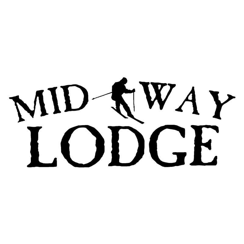 Graphic with silhouette of a skier between tex "Mid" and "Way" with text "lodge " under