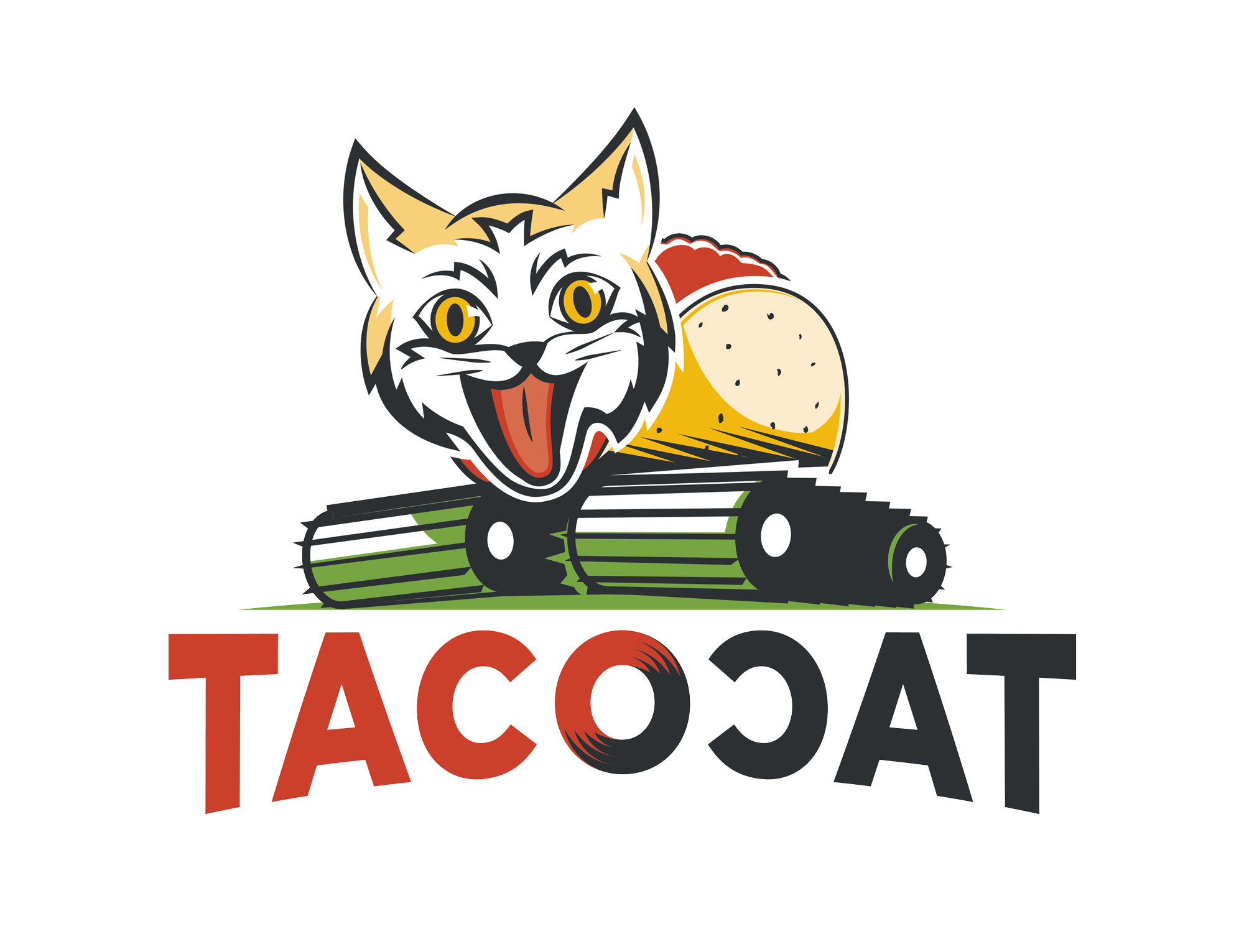 Graphic with the head of a cat, body of a taco, and tracks of a snow groomed with text "Tacocat" under