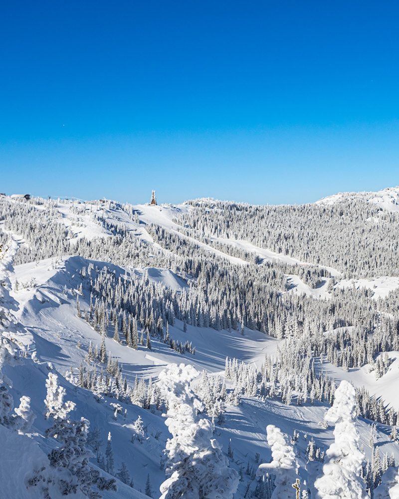 View of snow covered Mission Ridge runs from the top of Bowl 4