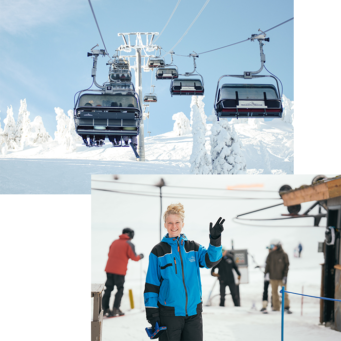 Stacked images with employee in blue jacket waving on top of Chair 2 carries