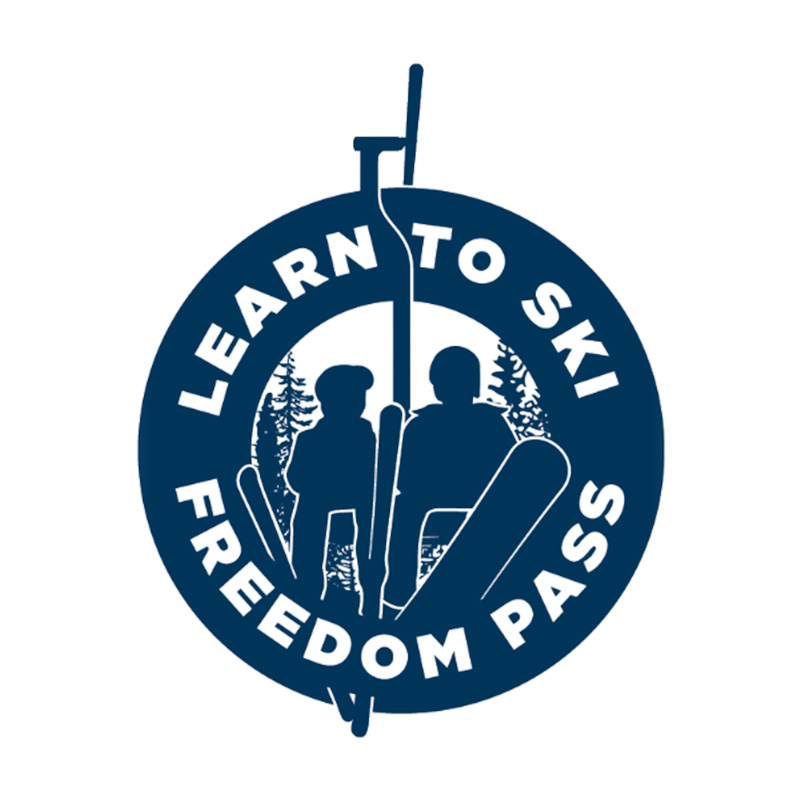 Learn to ski freedom pass logo with silhouette or skier and snowboarders on center post chairlift