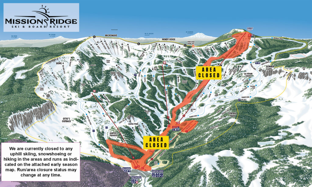 Mission Ridge Uphill Closure Map with Mimi, Tumwater, Chak Chak, Sitkum, 100LAPS, and Fun Park listed as closed