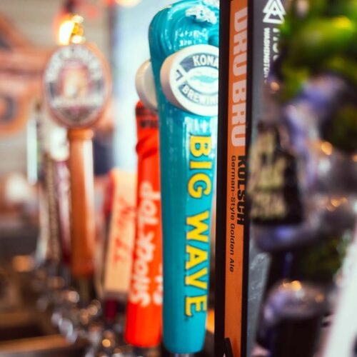 Beer tap handles at the Chair 5 Pub at Mission Ridge