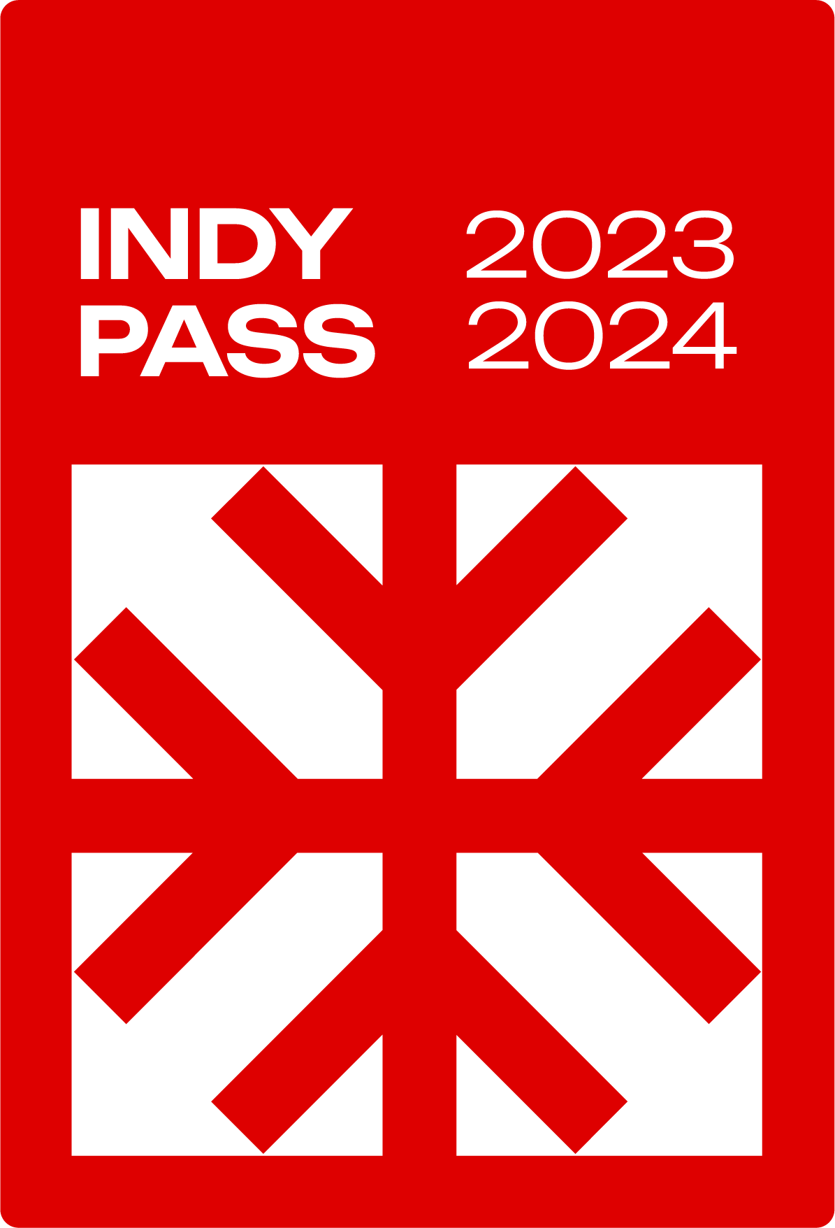 "Indy Pass 2023 2024" red background with red snowflake logo