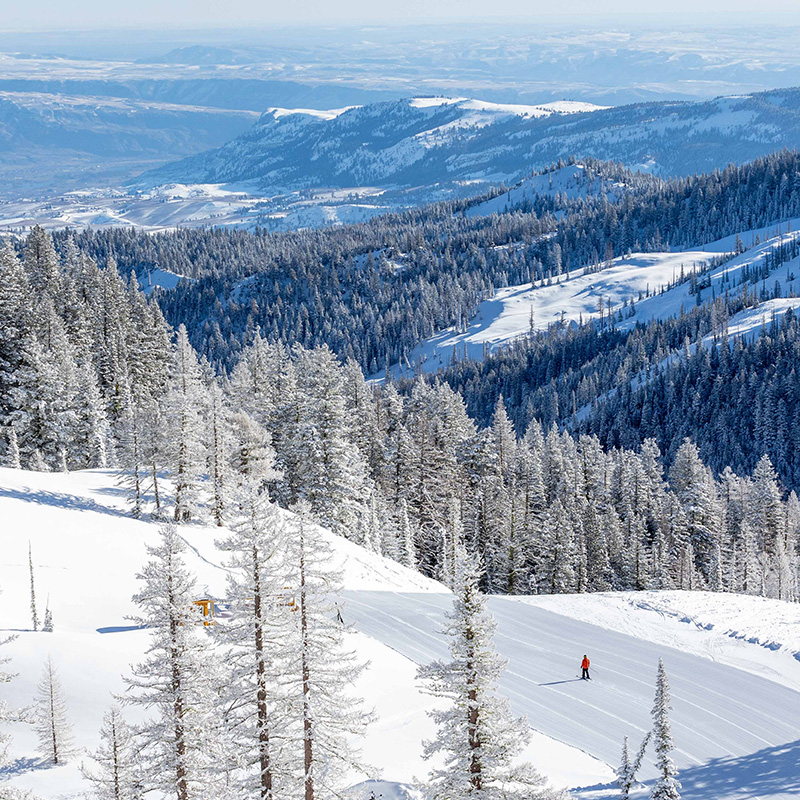 Solo skier in red on Bomber Bowl run at Mission Ridge