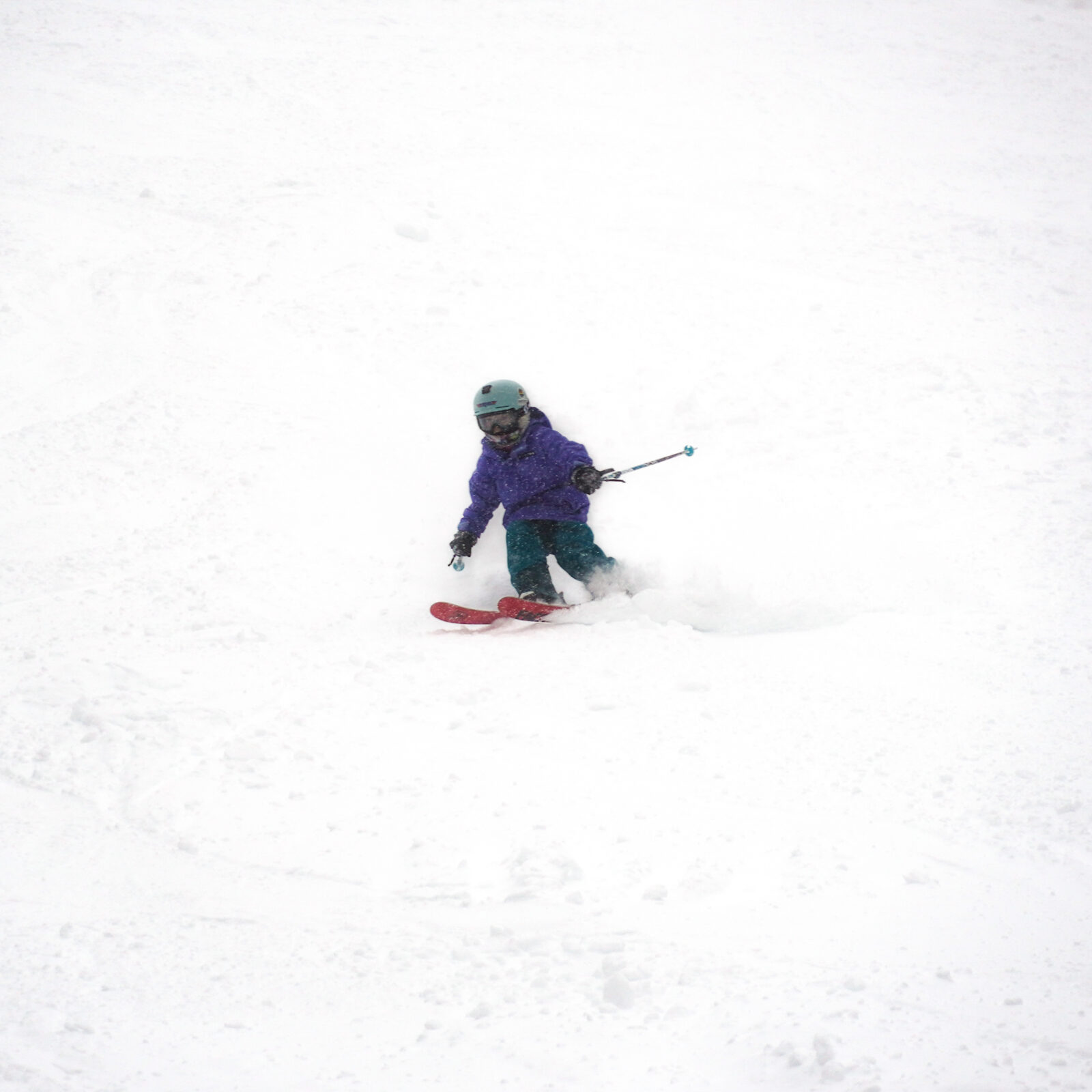 Young skier in blue making a turn on a stormy day.