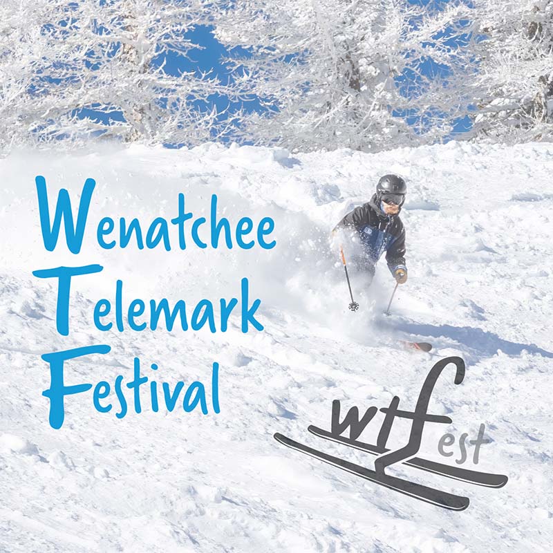 Telemark skier making powder turn with "Wenatchee Telemark Festival" words and logo