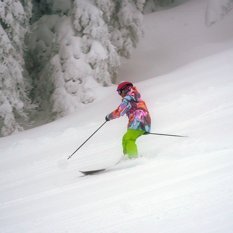 Skier in colorful clothing on a foggy day at Mission Ridge