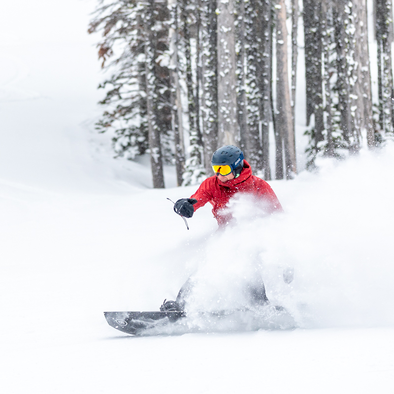 Snowboarder in red jacket makes carve throwing snow with trees behind.