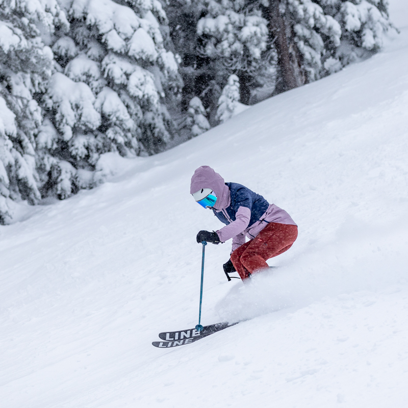 Skier charging down mountain with snowy tree background