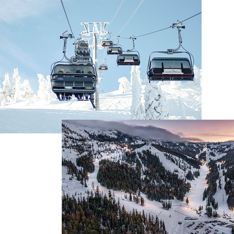 Two images stacked with a bubble chairlift on the left and an aerial view of night terrain on the right.