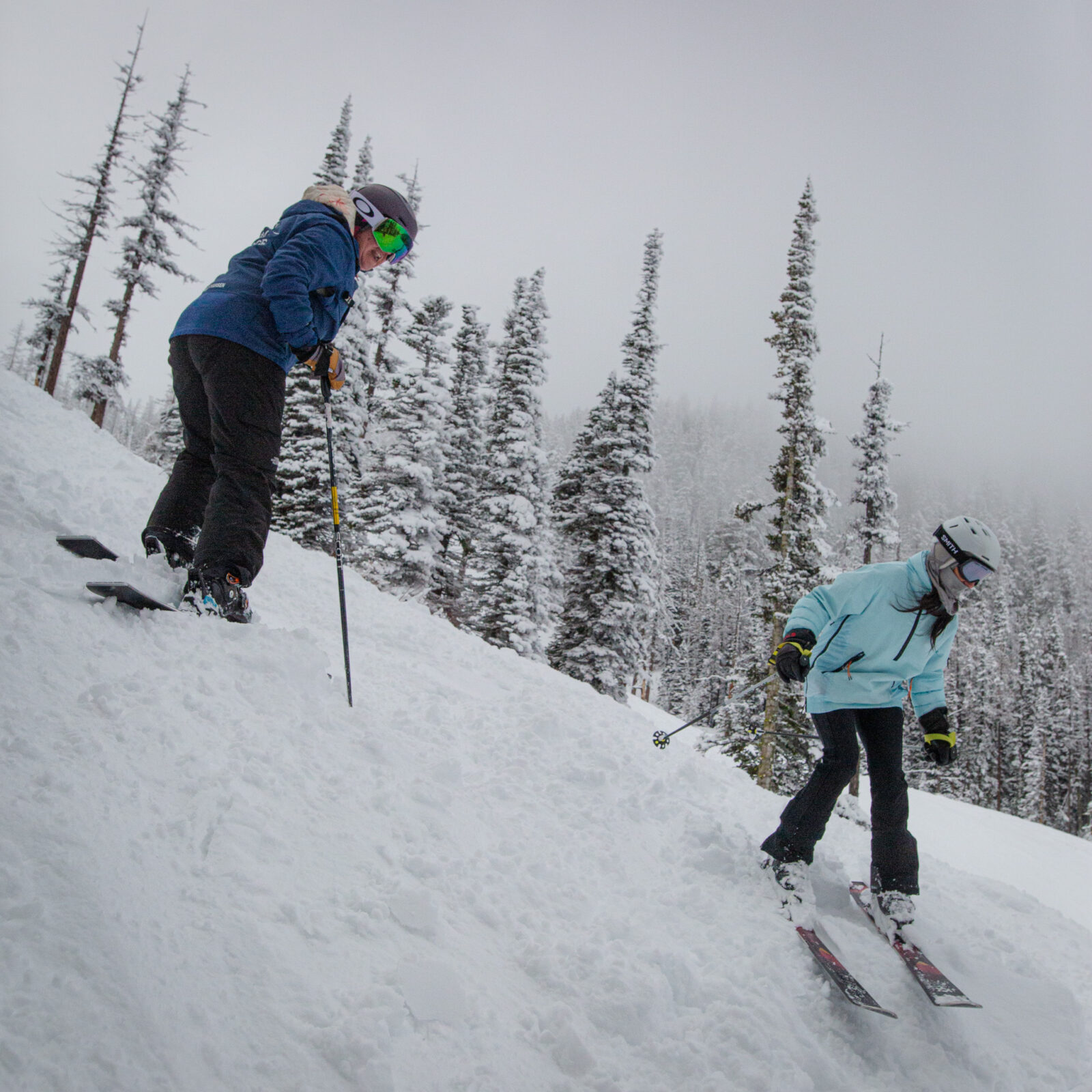 Ski instructor coaching student down off-piste terrain.