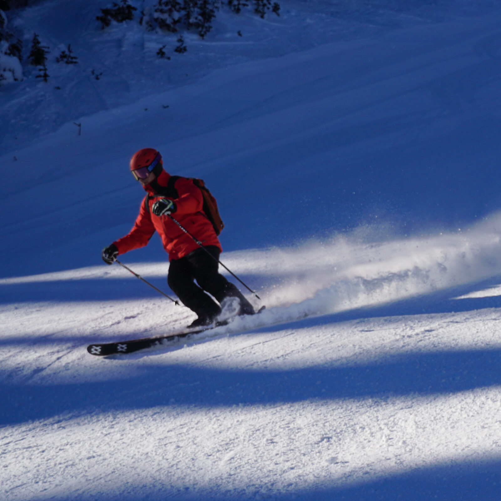 Skier on chair three groomed run at Mission Ridge