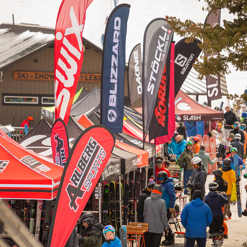 Ski and Snowboard vendor tents set up for Demo Daze at Mission Ridge.