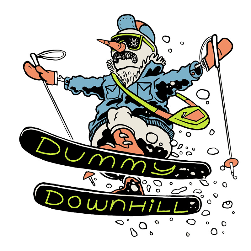 Dummy Downhill graphic of a snowman flying through the air on skis and a blue jacket with bag around it's neck.
