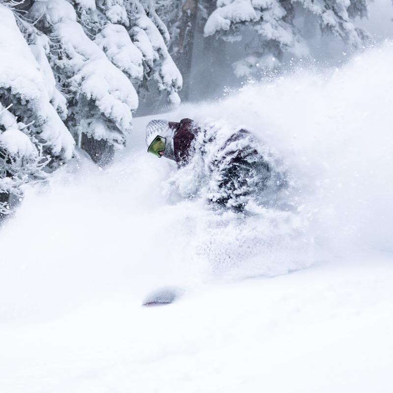 Snowboarder going through deep blower snow