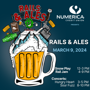 Rails & ALes poster graphic with beer pitcher full of snowboard rail jam items. Sponsors and times listed.