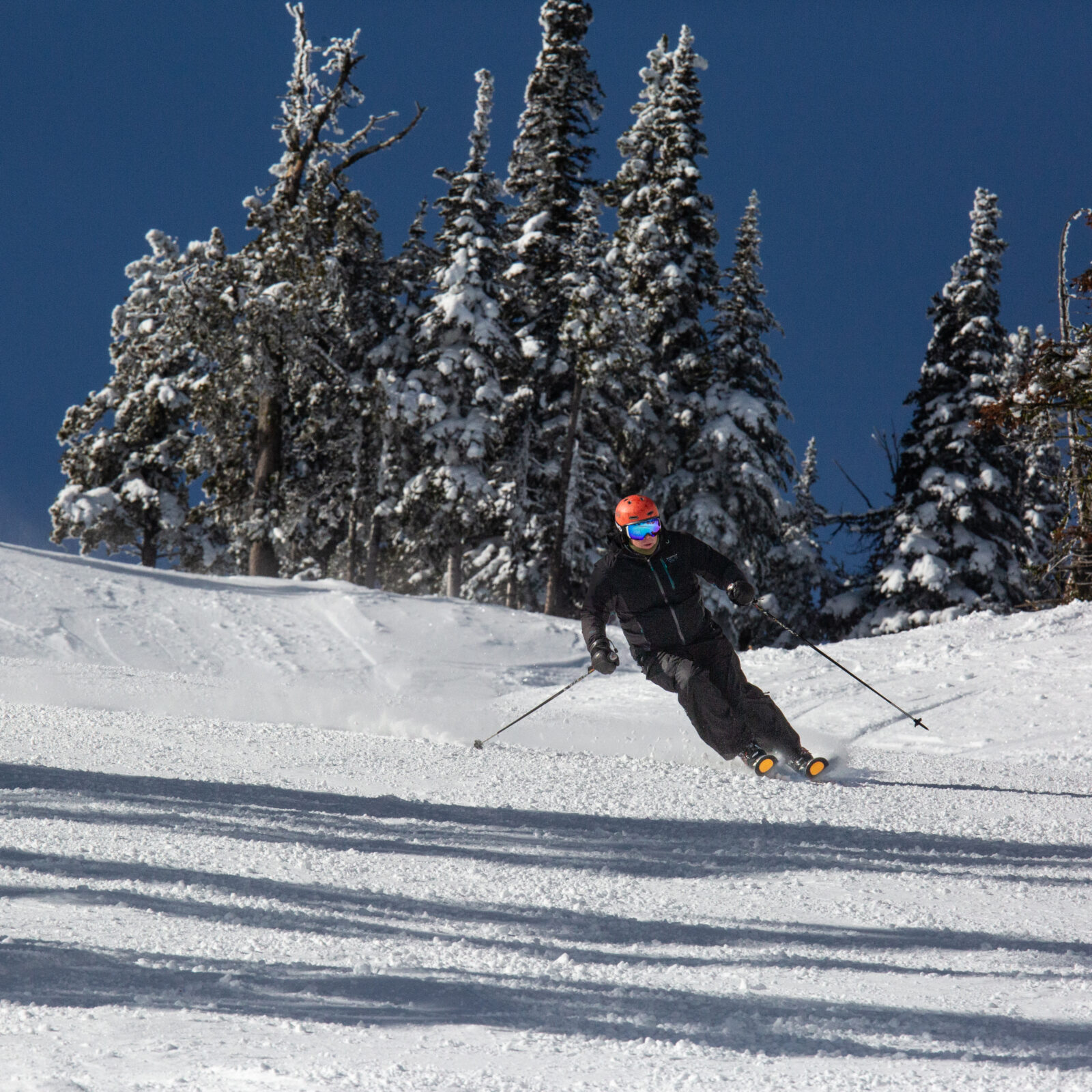 Skier skiing down the top of Bomber Bowl on a sunny day at Mission Ridge. Partially snowy trees in the background and blue sky.