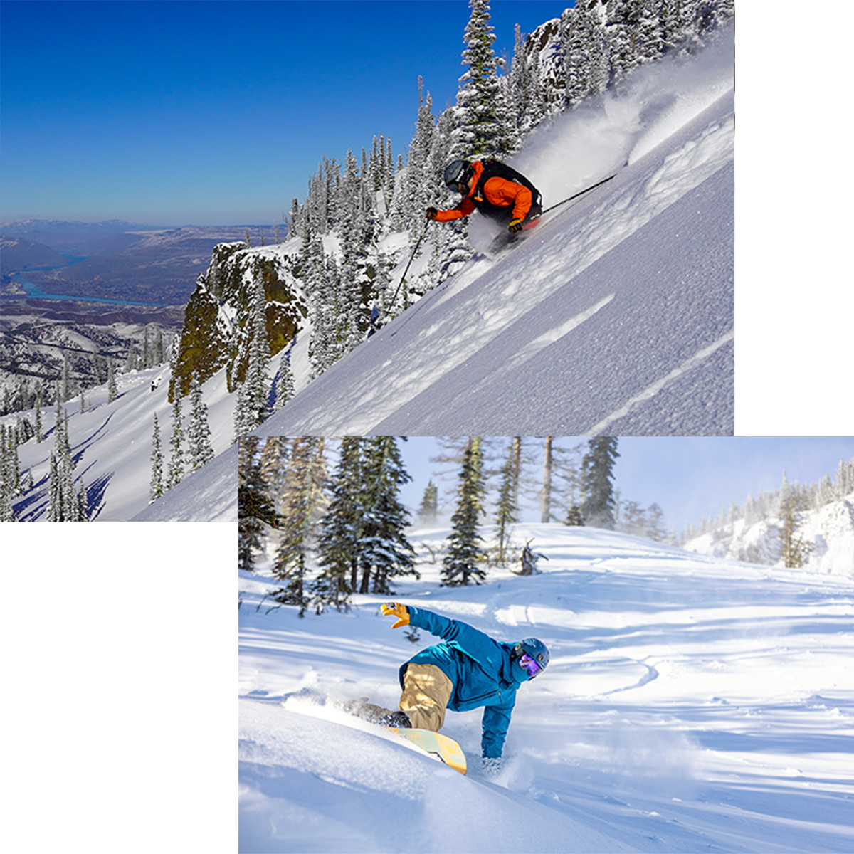 Photo collage of two images with a photo of a skier in orange jacket and black vest making deep powder turn at Mission RIdge with river view below under a photo of a snowboarder in blue jacket and tan pants making deep powder turn at Mission RIdge.