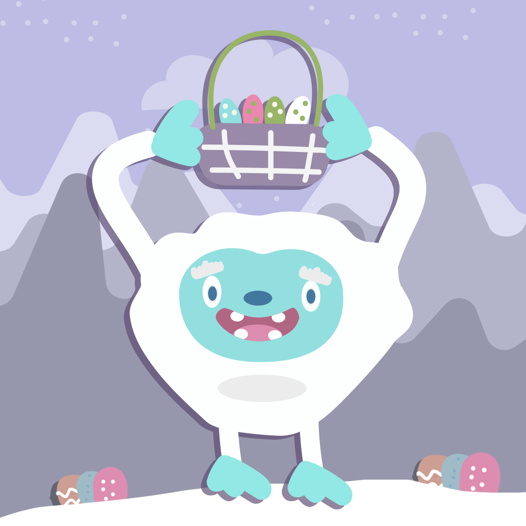 Easter Yeti with a basket of Easter eggs with mountain in the background