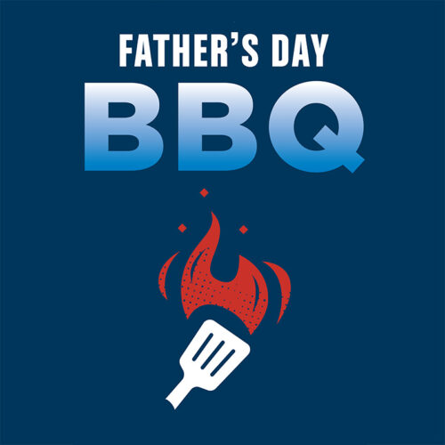 Text "Father's Day BBQ" on filed of navy blue with flaming spatula graphic below.