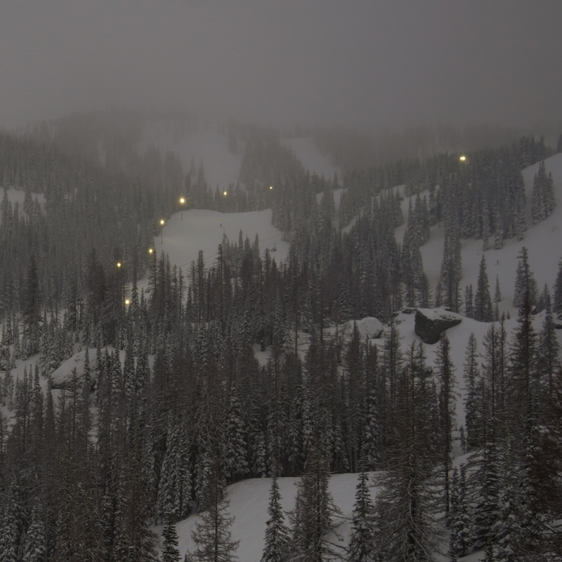 Mission Ridge Chair 2 terrain with the lights on, as viewed from Chute 5 in the Bomber Cliffs.