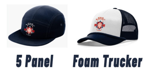 An image showcasing two hat styles side by side, each featuring the same “Steve Burchett 506 Classic” logo. On the left is a sleek navy 5 Panel cap with a modern, low-profile fit. On the right is a Foam Trucker hat with a white foam front, navy brim, and black mesh back, offering a more classic, casual trucker style. Bold text labels each option beneath the hats for easy comparison.