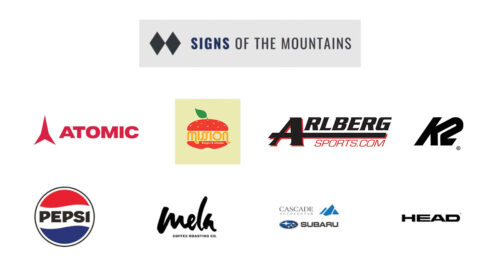 An image displaying a collection of sponsor logos for an event or organization. The logos include well-known brands such as Atomic, K2, HEAD, Pepsi, and Subaru, along with local businesses like Arlberg Sports, Mission Burgers & Chicken, Mela Coffee Roasting Co., and Cascade Autocenter. The "Signs of the Mountains" logo is prominently featured at the top, suggesting a connection to outdoor sports or mountain-related activities.