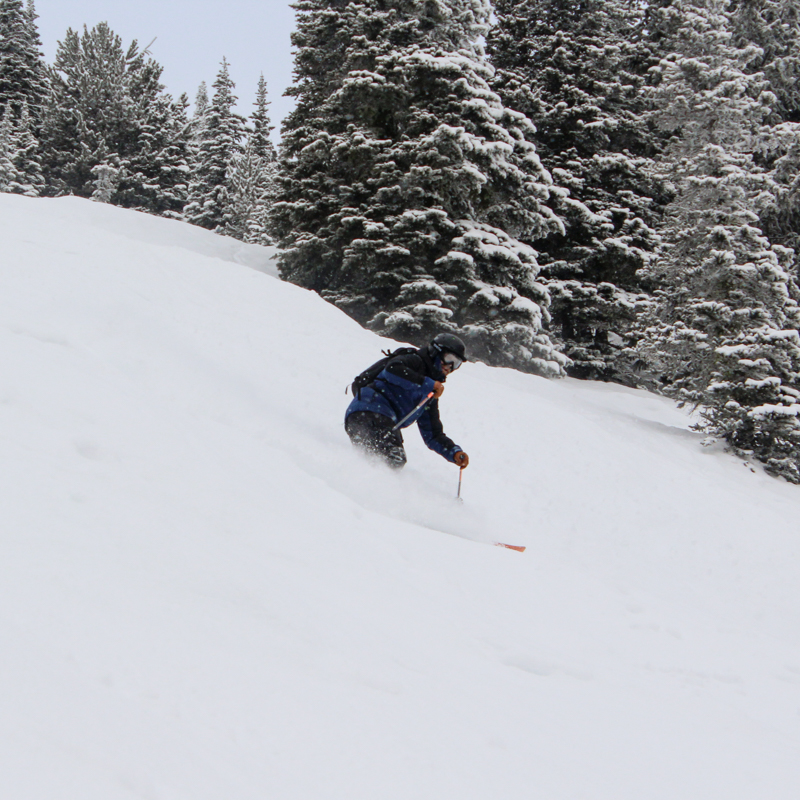 a skier drops through powder on a cloudy day