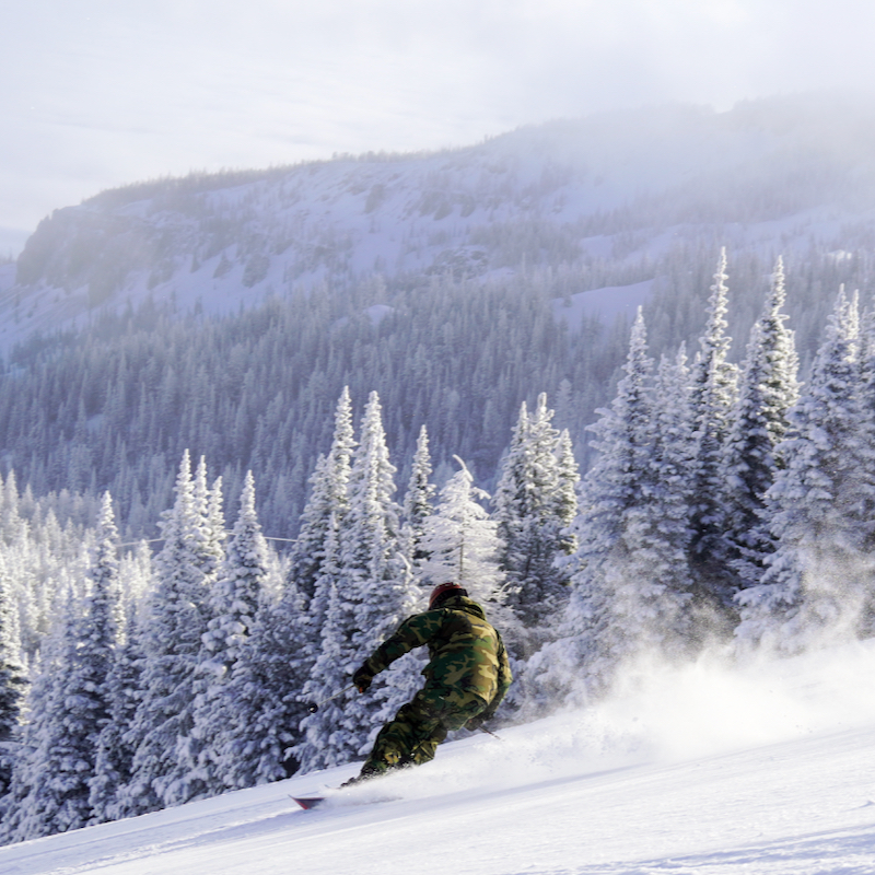 A skier descends the Sunspot trail at Mission Ridge, throwing up some spray after recent snowfall. The view behind is the nearby mountains and snowy trees.