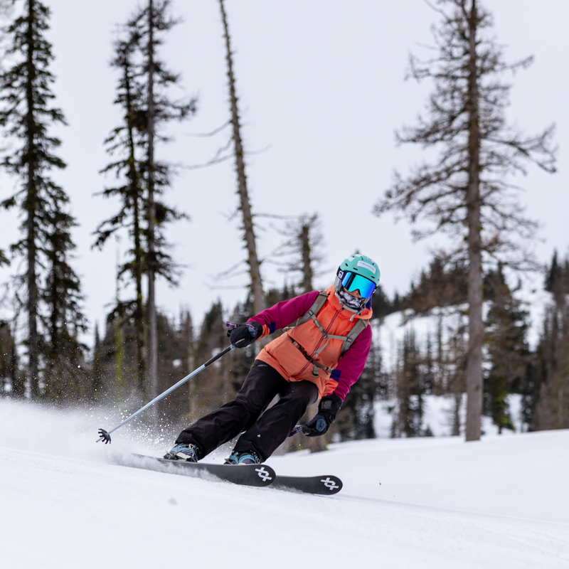 a young girl skis in front of scrawny conifers