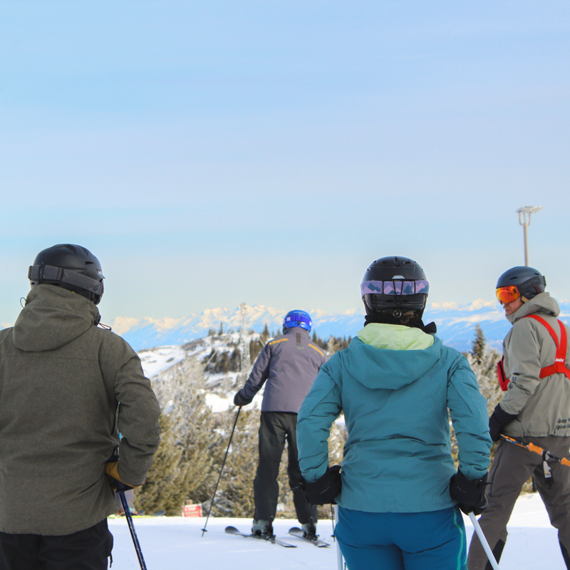 a group of skiers congregate in front of a mountain view