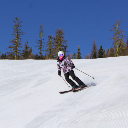 a woman skis a groomer on a sunny day