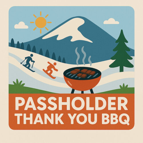 Passholder thank you BBQ logo at Mission Ridge, featuring a cartoon skier and snowboarder descending a slope toward a BBQ grill.