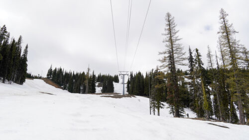 A view of a snowy mountainside with some trees. Overhead, cables for a ski lift run into the distance. 