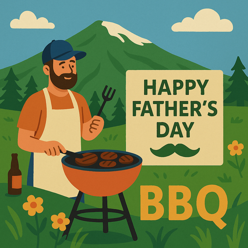 A graphic advertising Father's Day BBQ, showing the text "Happy Father's Day BBQ" with cartoon of a man grilling with a mountain in the background.