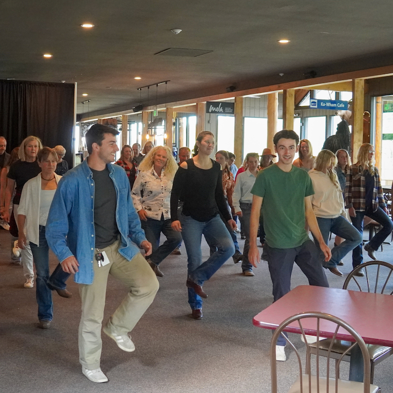 A group of people line dancing in an open room. The atmosphere is lively with smiling faces and a sense of motion, creating an exciting, spirited vibe.