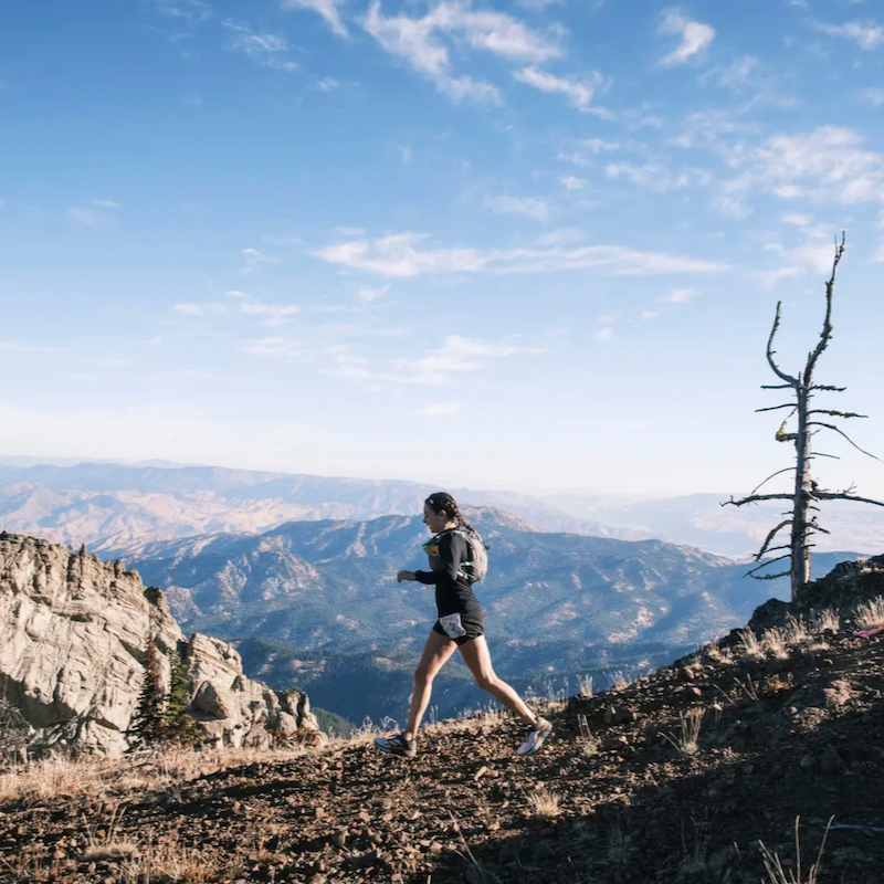 A woman running on a sunny day, with blue sky, grey ridges, and rock outcroppings in the background. To her right is a scraggly dead tree.