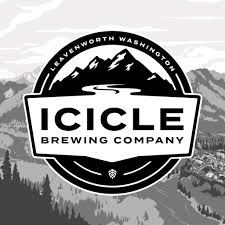A logo for the Icicle Brewing Company featuring a greyscale drawing of a mountain and river valley, with the text "Icicle Brewing Company" and "Leavenworth Washington"