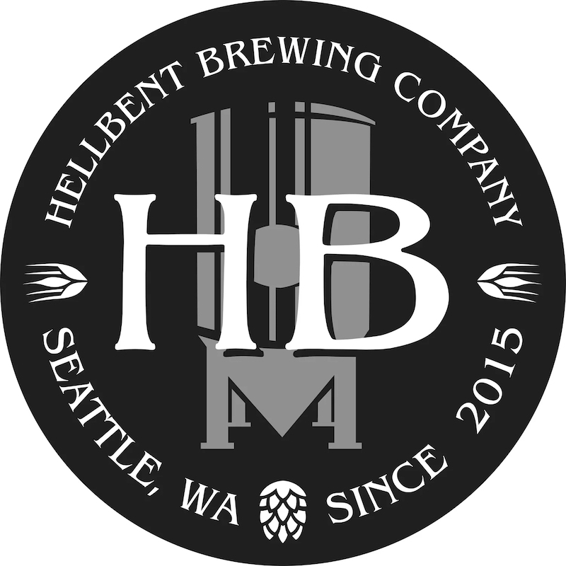 Black and white circular logo of the Hellbent Brewing Company with the text "Hellbent Brewing Company" "HB" and "Seattle, WA Since 2015"