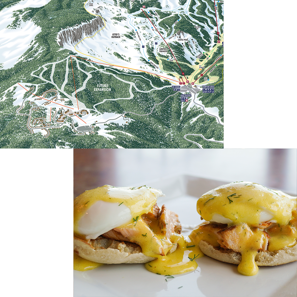 Top image: illustrated trail map of a mountain ski resort with marked runs, lifts, and future expansion areas. Bottom image: close-up of two eggs Benedict on English muffins topped with hollandaise sauce and herbs.