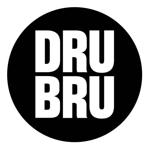 Black and white logo of Dru Bru Brewery, featuring the text Dru Bru over a black circular background.