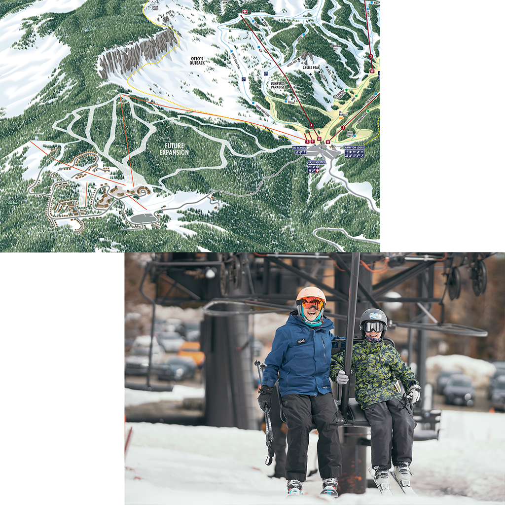op image: illustrated ski resort trail map with chairlifts, runs, and a marked future expansion area. Bottom image: two skiers, an adult and a child, smiling while riding a ski lift together on a snowy day.